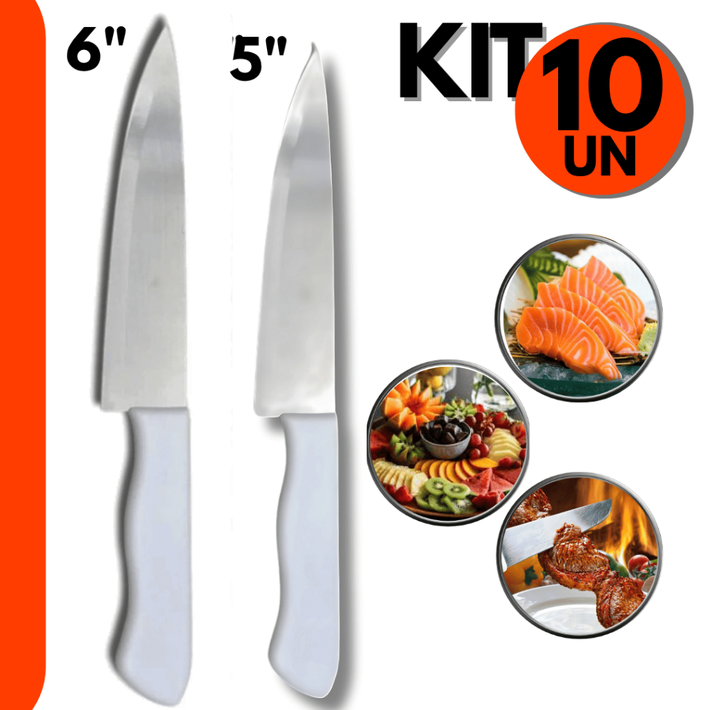 Kit 8 Facas Peixeira Inox Profissional  6 5 Cabo Branco Para Cozinha e Churrasco