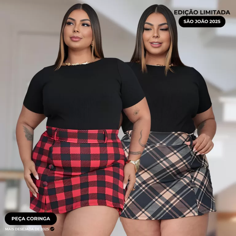 Kit 2 Shorts Saia Curto Xadrez Cintura Alta Femini