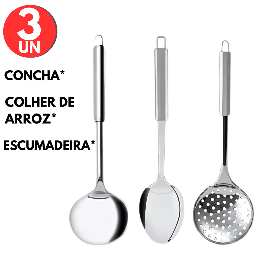 Kit 3 Pçs Utensilios de Cozinha, Escumadeira, Concha, Colher Arroz, para Casa, Restaurantes, Buffet