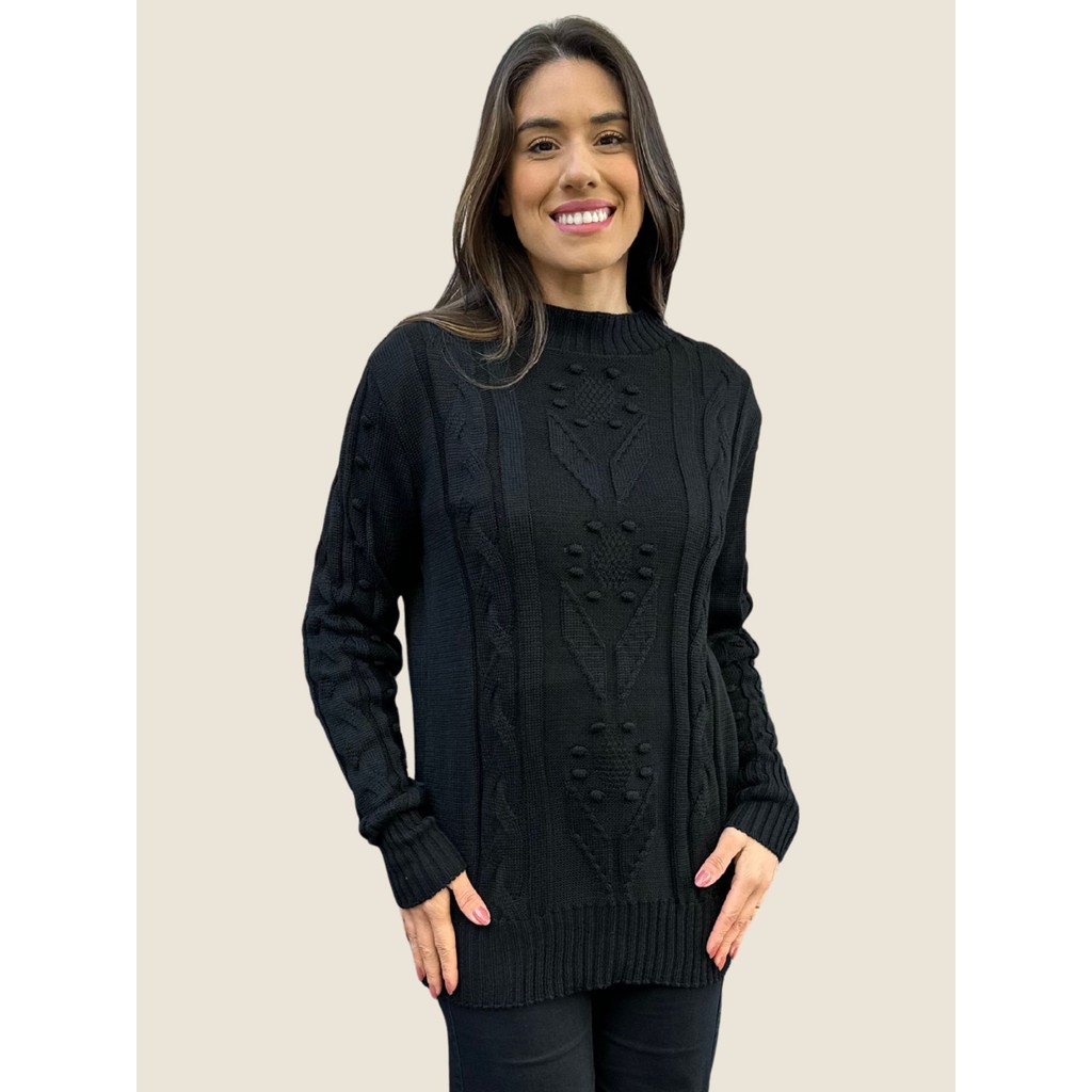 Blusa de Frio Feminina em Tricot Flor Trançada Pipoca Alto Relevo Nagai