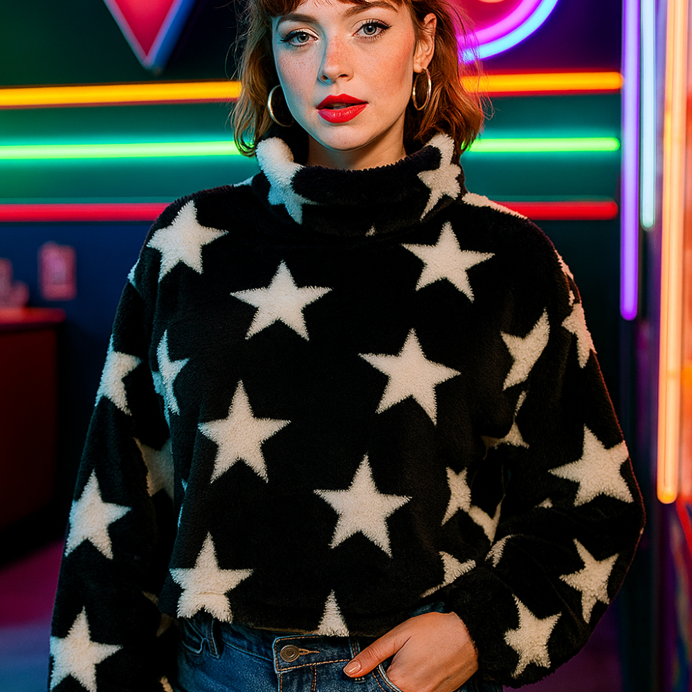 Casaco Teddy Estrelado – Casaco Feminino Em Tecido Peluciado Com Estampa de Estrelas – Moda Inverno