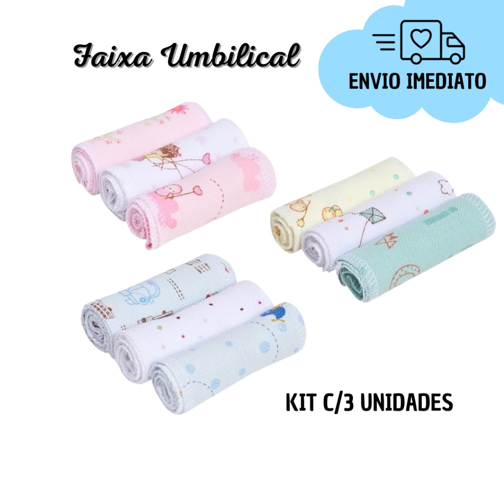 Kit 3 Faixas Umbilical para Bebê Recém Nascido 100% Algodão Flanelado Macio para Umbigo Enxoval Papi