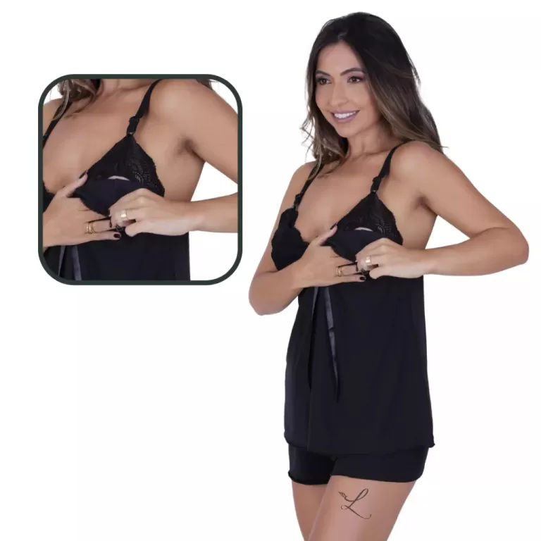 Pijama Amamentação Renda com Click de Acesso Pó
