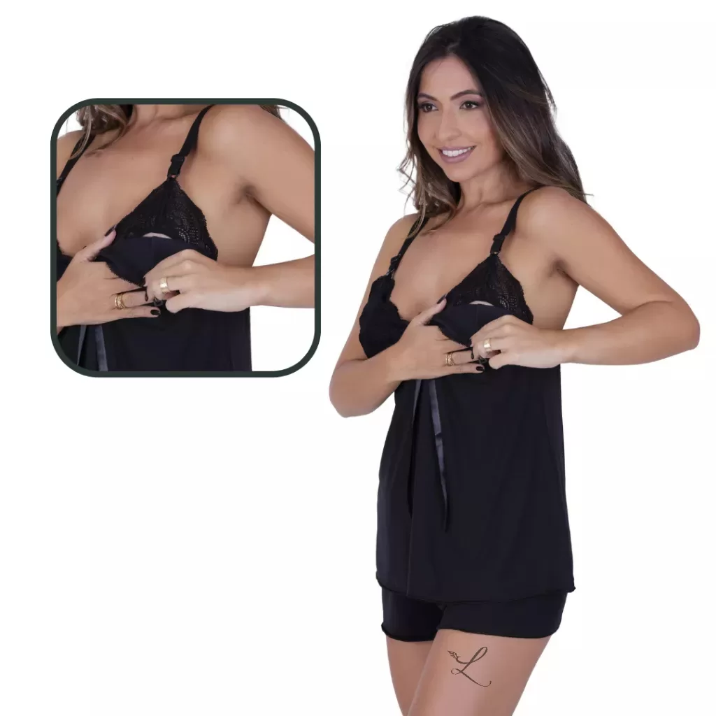Pijama Amamentação Renda com Click de Acesso Pós-Parto | Conforto e Elegância
