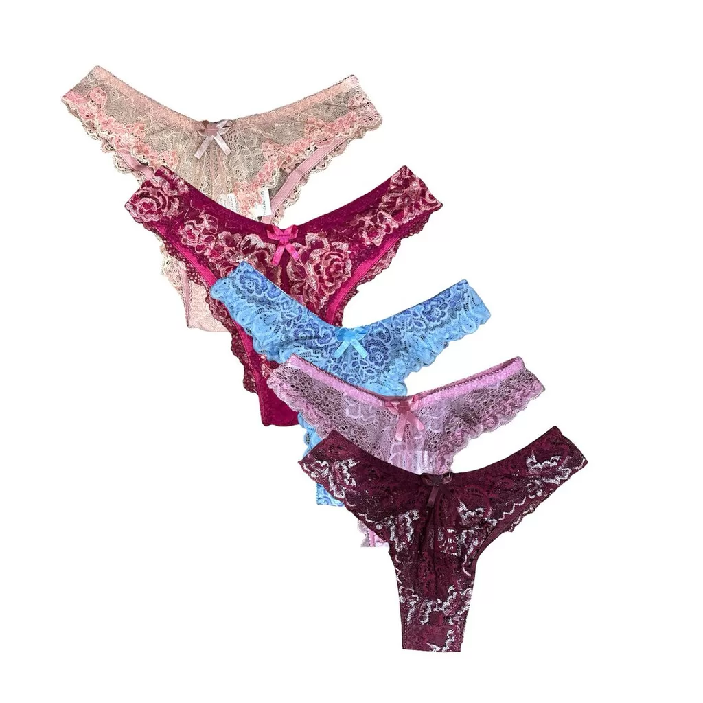 Kit Calcinha em Renda Bicolor Modelo Tanga com Forro em Algodão Confortável Edumara