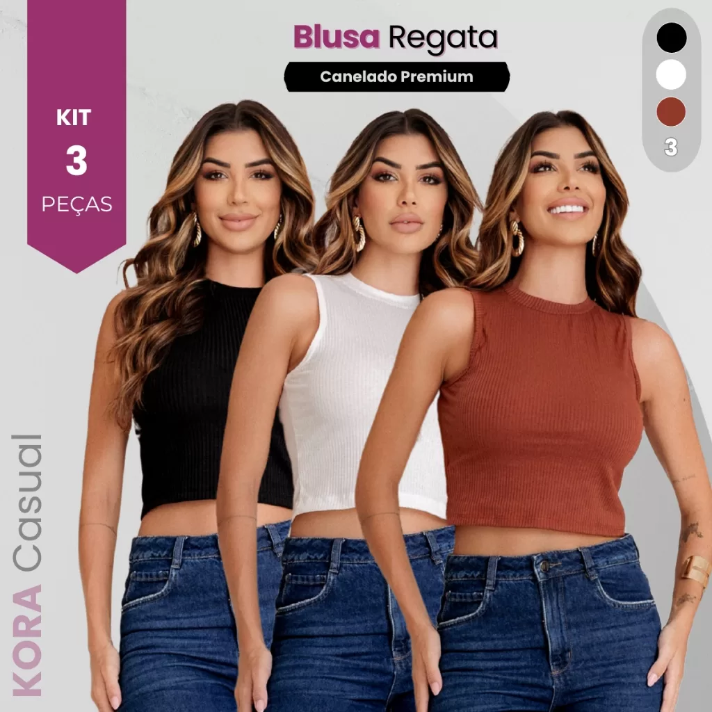 Kit 3 Croppeds Sem Manga Gola Alta Moda Gringa Canelado Premium Toque de Algodão