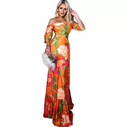 Vestido Longo Manga Curta Estampado Acetinado Cost