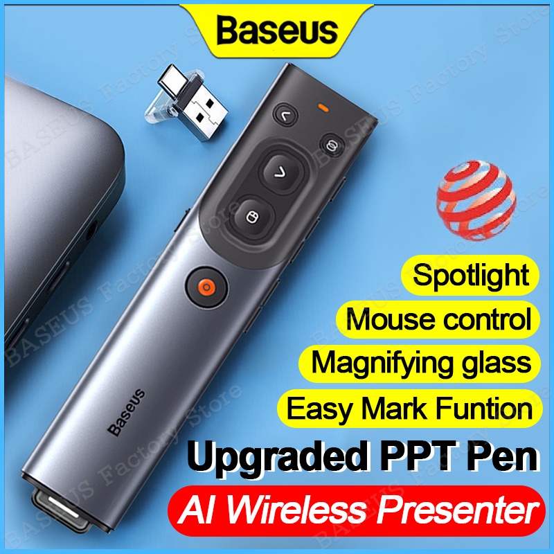 Apresentador Sem Fio Baseus AI Ponto Vermelho Controle Remoto PPT Caneta Recarregável Em Tempo Real