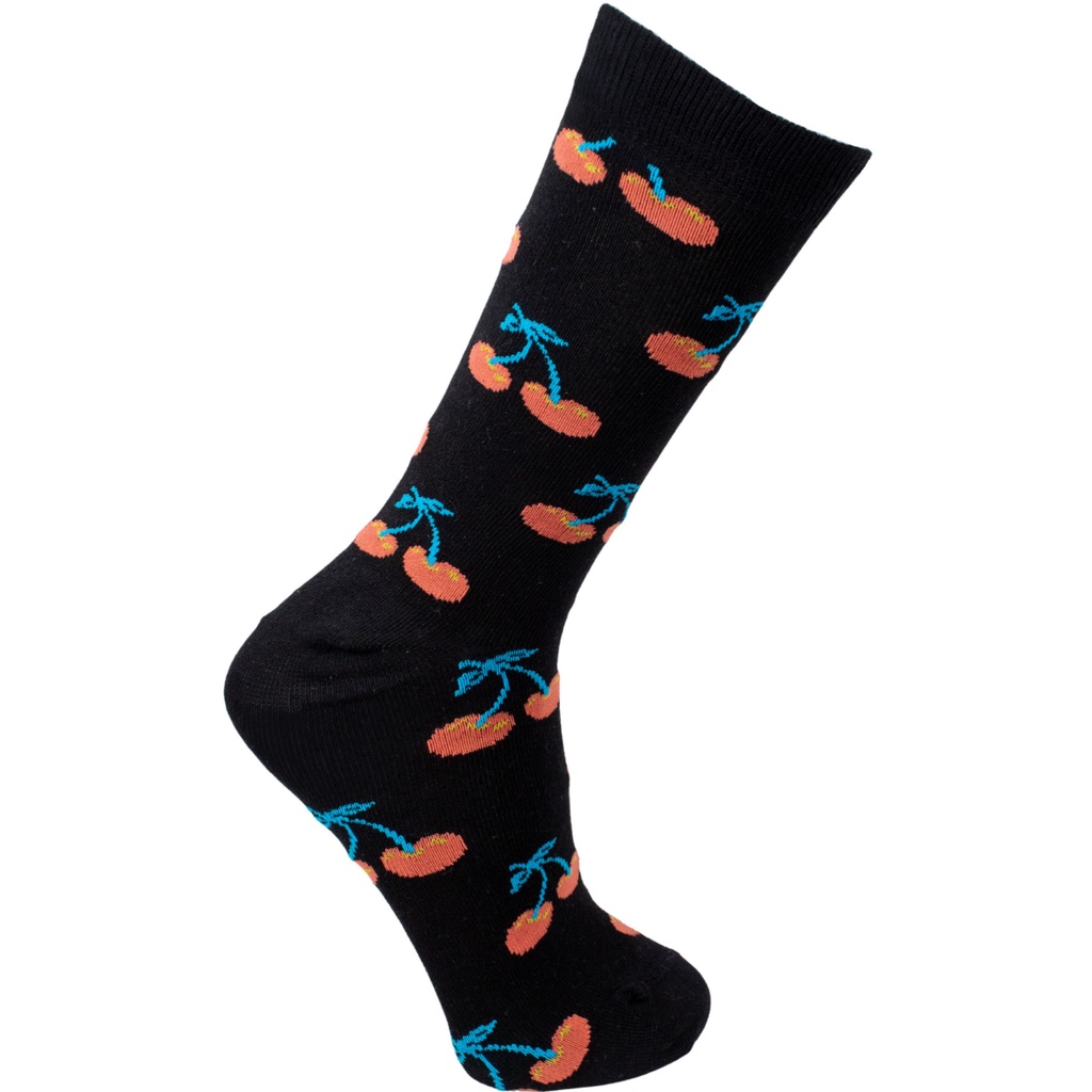 Meia Divertida Cano Longo Cereja Oddo Preta Masculina/Feminina