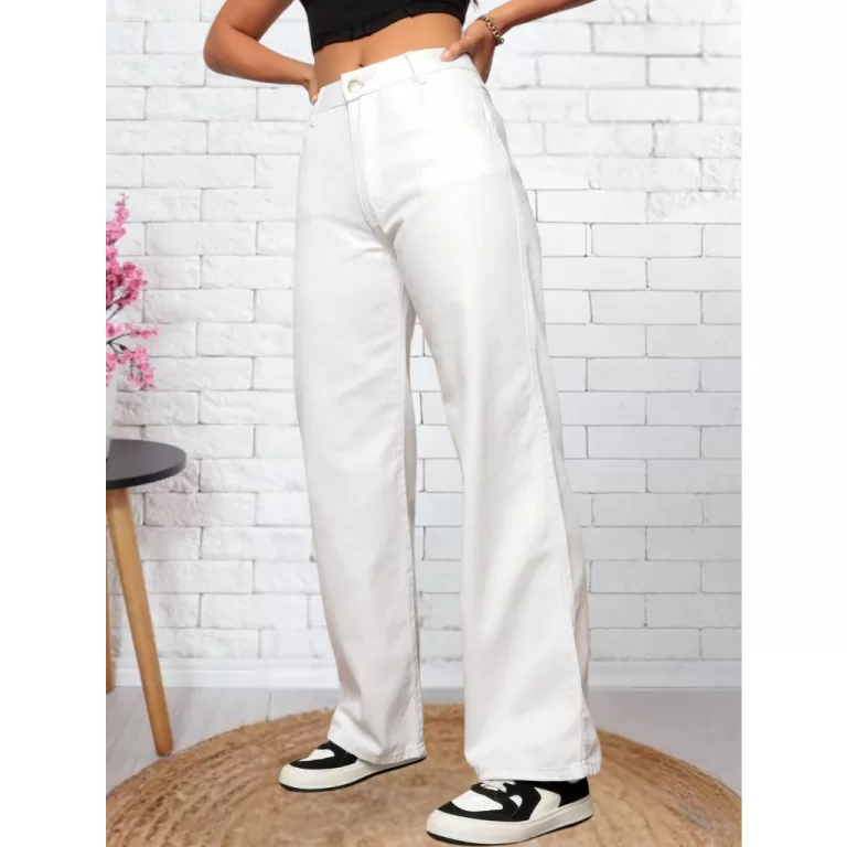 Calça Jeans Wide Leg Branca Cintura Alta Pantalon