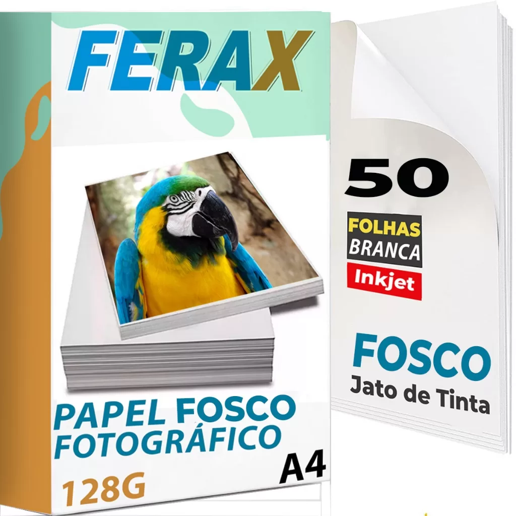 Ferax 50 Folhas Papel Fotográfico Fosco Matte 128g A4 Jato de Tinta – Secagem rápida