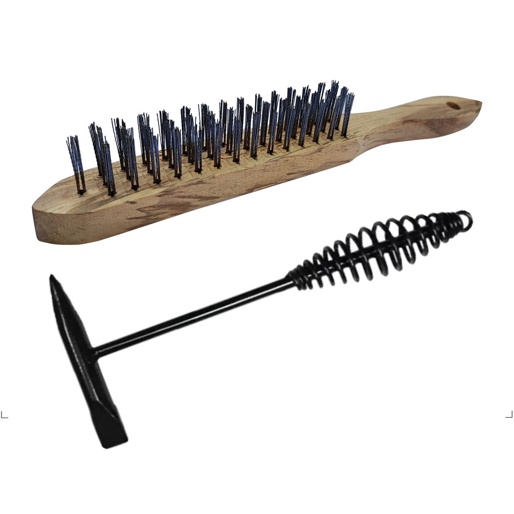 Kit Martelo Picadeira de Solda Mola e Escova de Aço Carbono Manual Cabo Madeira 3 Fileiras