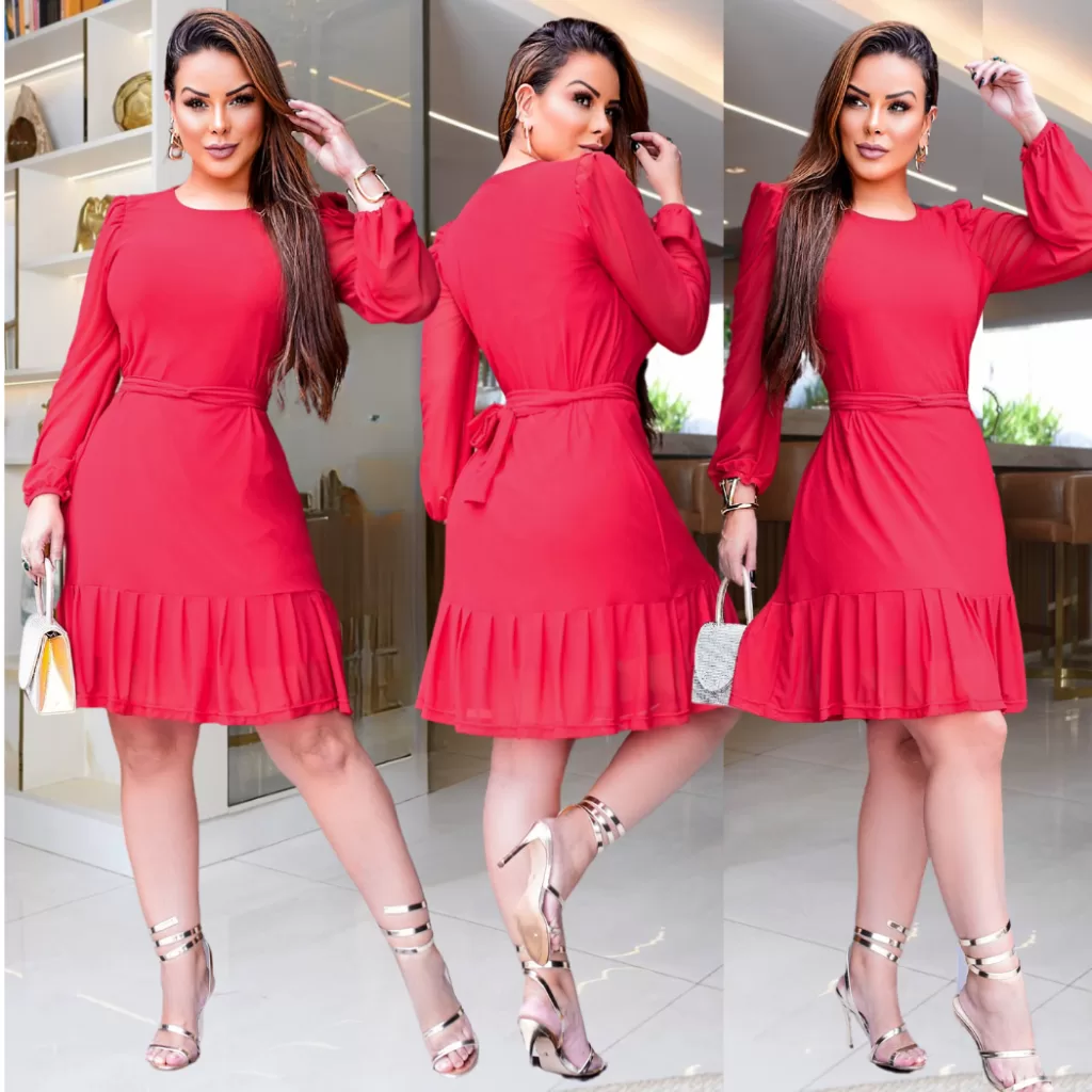 Vestido Tule Vermelho Solto Com Cinto Removivel Moda Evangelica