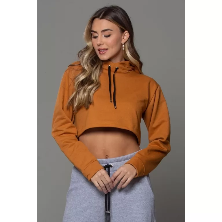 Blusa Cropped Moletom com Capuz Caqui