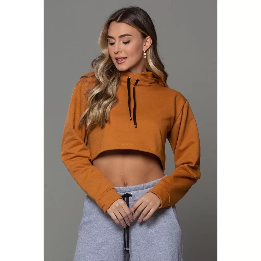 Blusa Cropped Moletom com Capuz Caqui