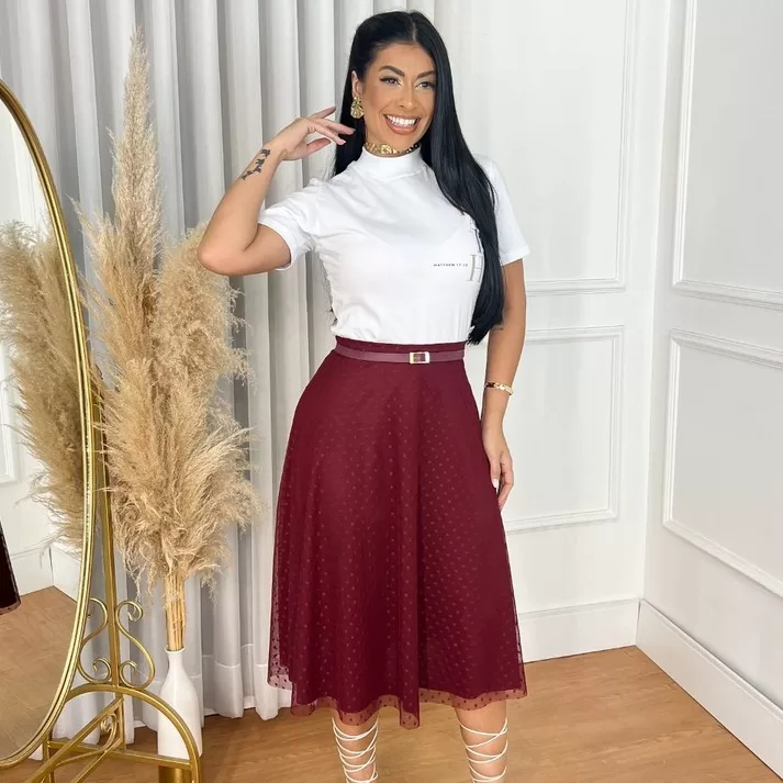 Saia de Tule Midi Godê Moda Evangélica Feminina 
