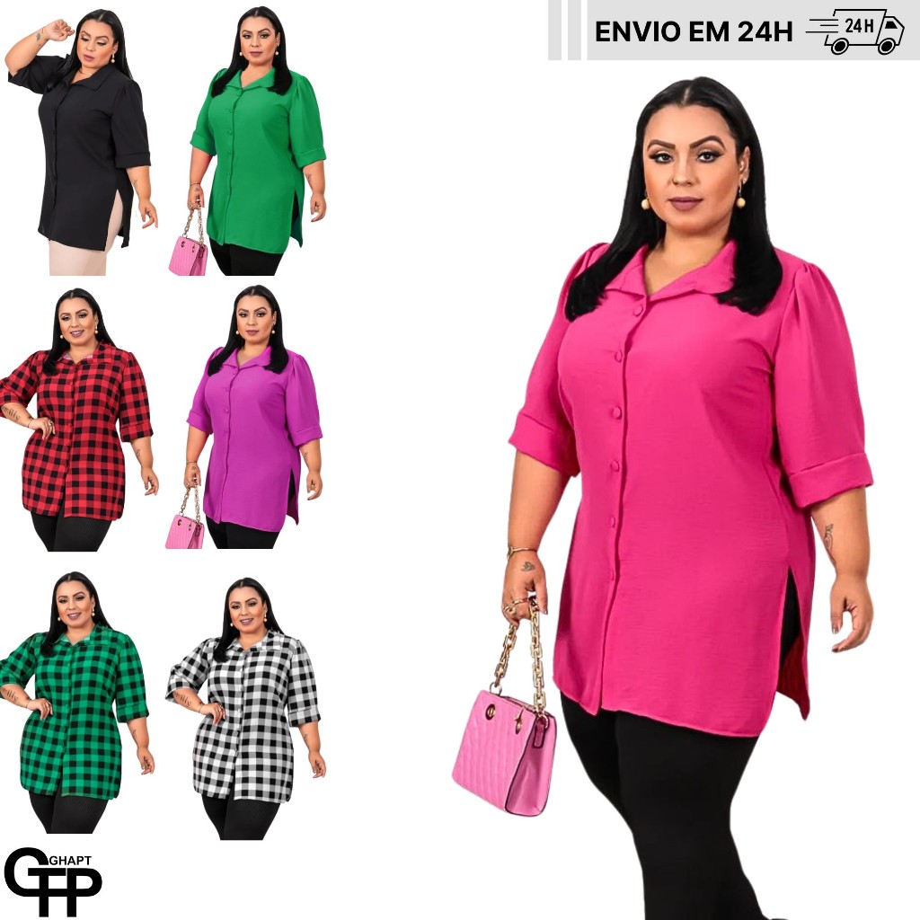 Camisão Plus Size Feminino Manga 3/4 Curta Moda Curve Chemise Casual Tapa Bumbum