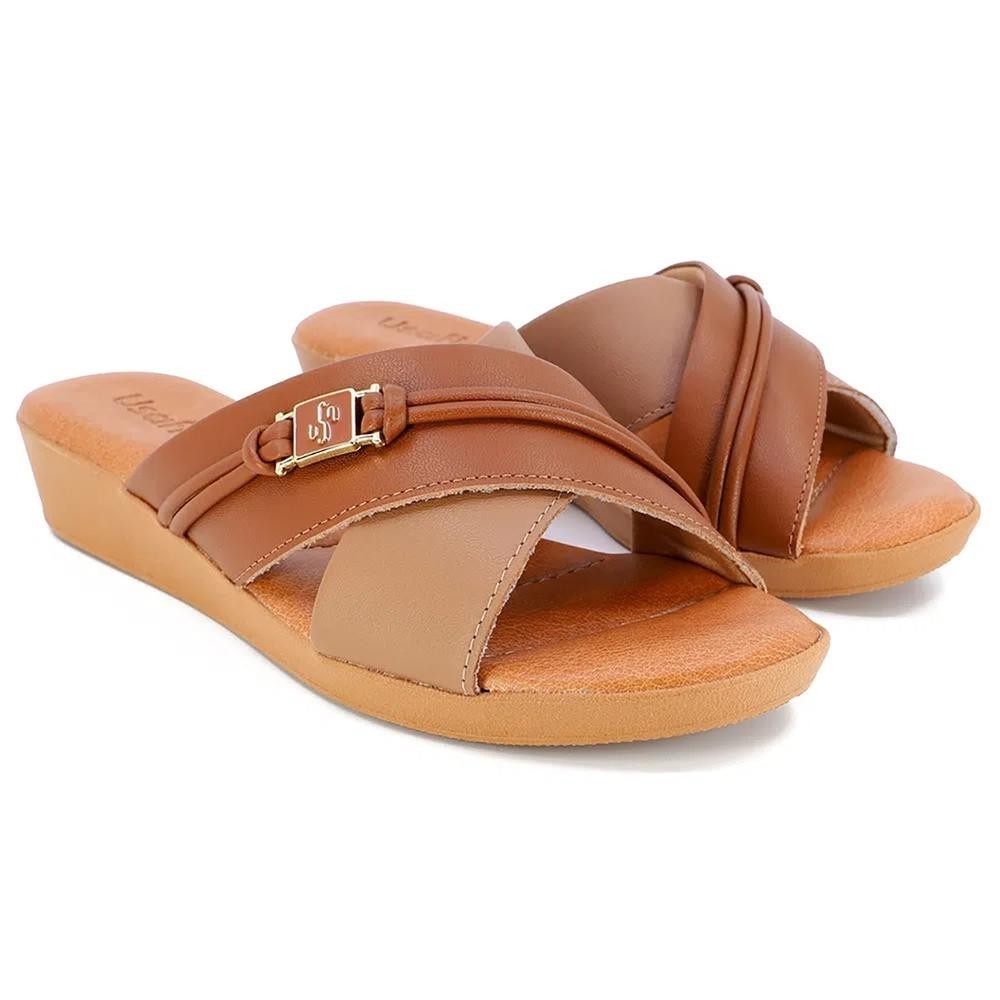 Tamanco Couro Usaflex Slide Tiras Cruzadas – Marrom