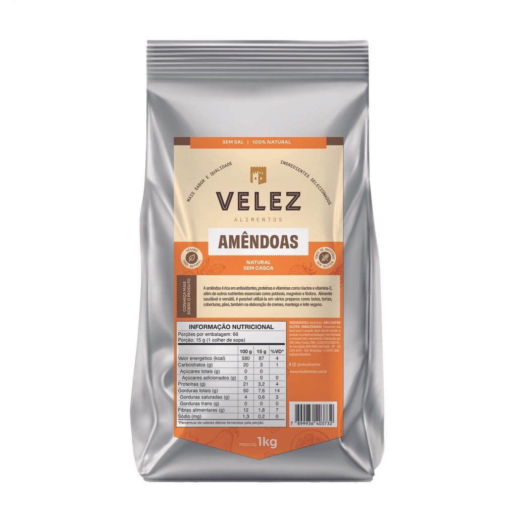 Amendoa Crua Sem Casca Snack Saudável Natural Premium VELEZ 1Kg Aperitivos para Ceia de Natal