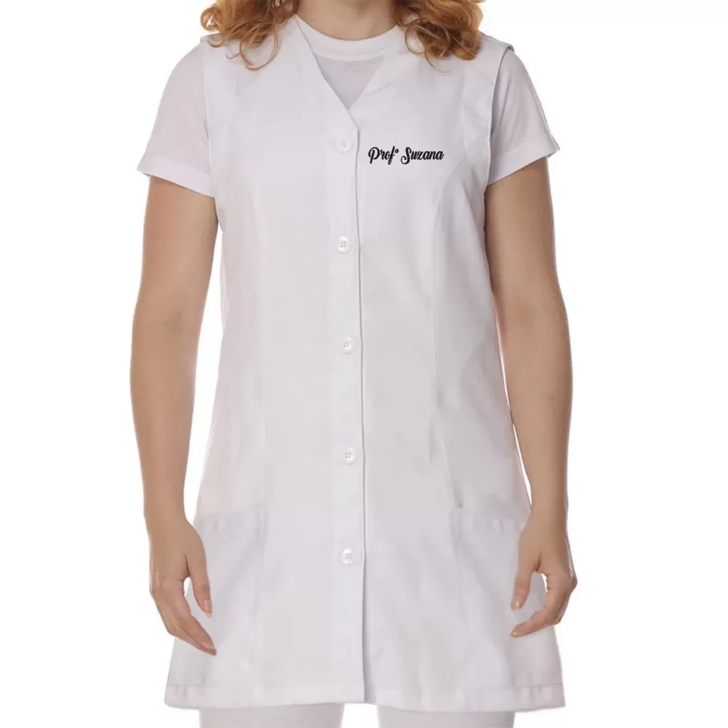 Jaleco Feminino Oxford Personalizado com Logo, Nome e Curso, sem Manga com dois Bolsos