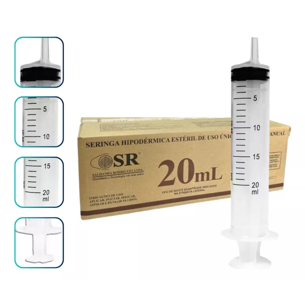 Seringa 20ml Bico Luer Slip Para dieta Enteral – Capacidade Em Volume 20 Ml – Kit com 10 / 20 / 30