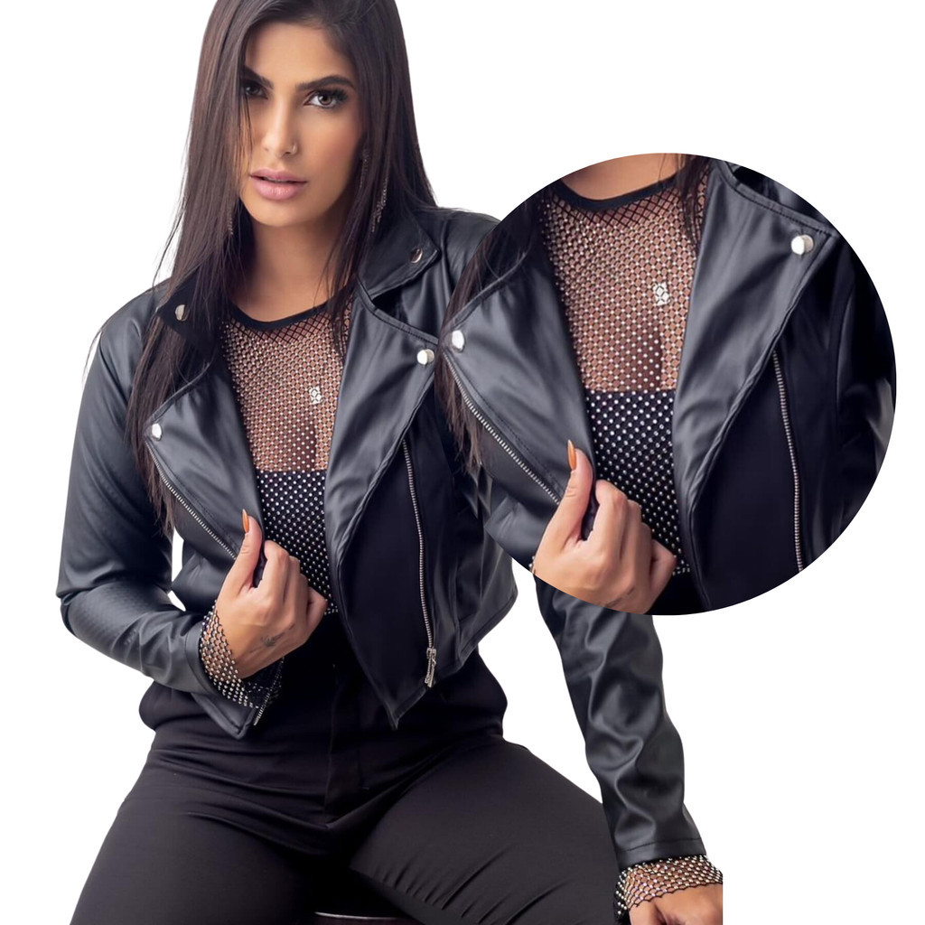 Jaquetinha Couro Ecológico Feminina Jaqueta com Zíper e Bolso Lateral Fake Jaquetinha Feminina Couri