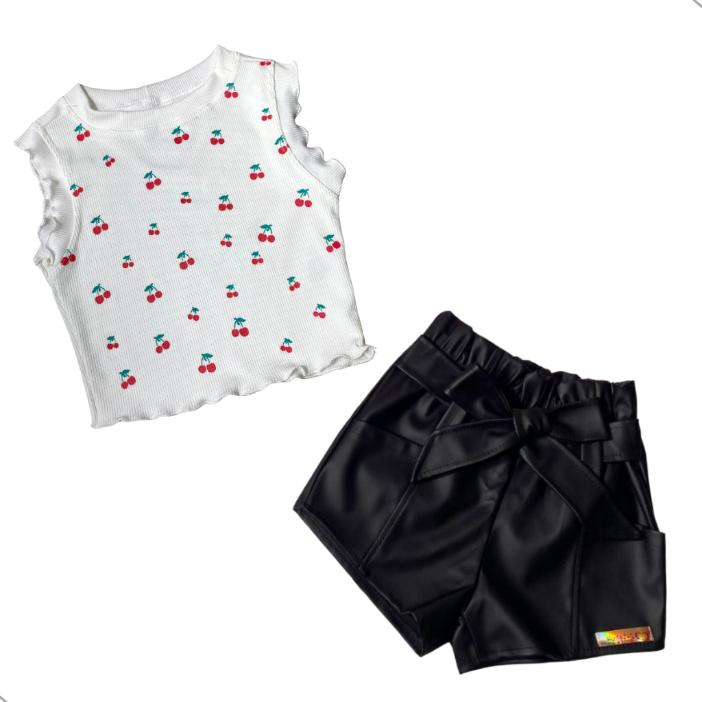 Conjunto Infantil Menina Cropped De Cereja + Shorts Couro Moda Menina Luxo Boiadeira