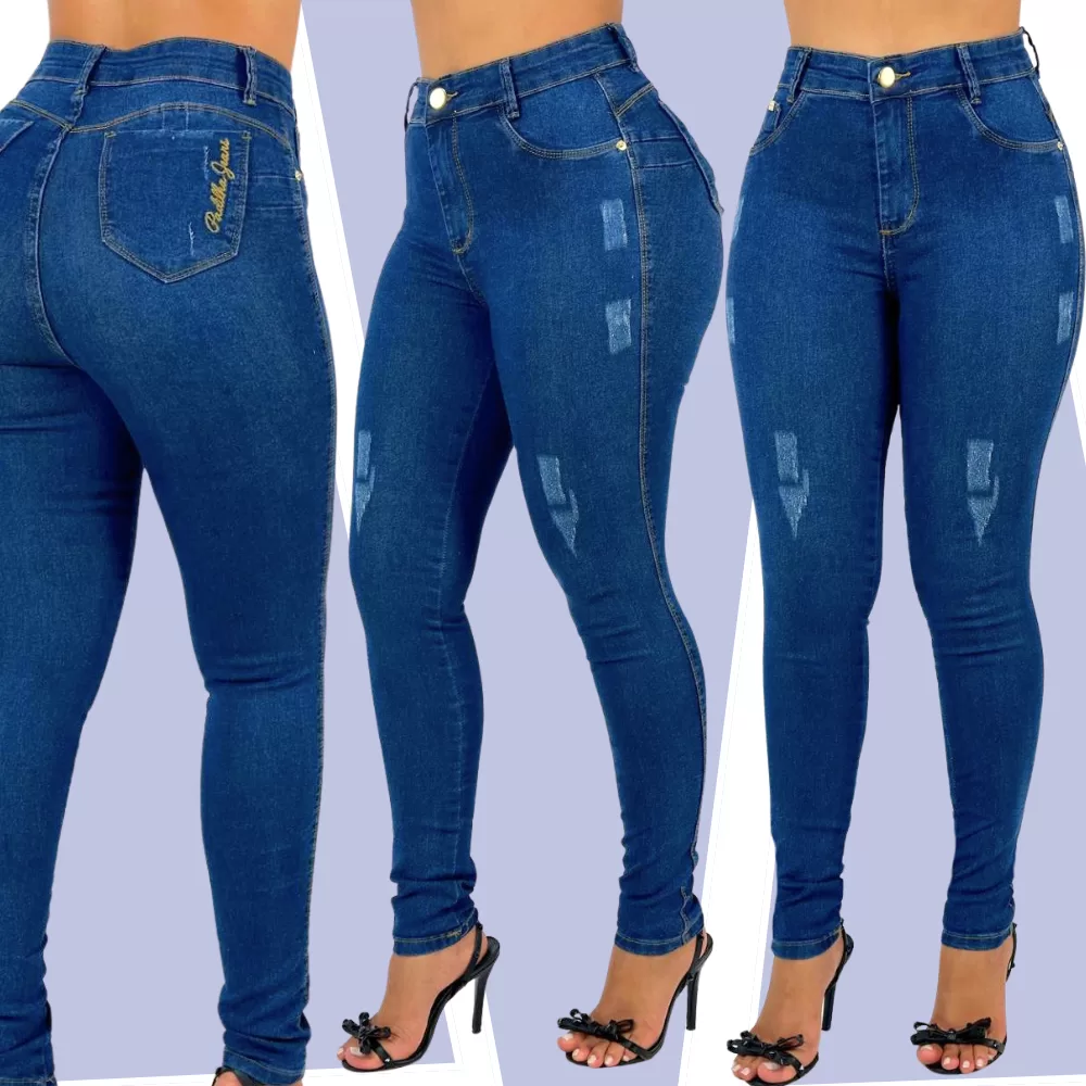 Calça Jeans Feminina Md Skinny Puido Elastano Cintura Alta Efeito Levanta Bumbum