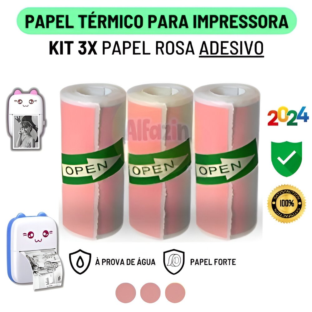 Kit 3 Bobina Rolo De Papel Térmico Adesivo 57x30mm Rosa Para Mini Impressora Portátil De Gatinho / E
