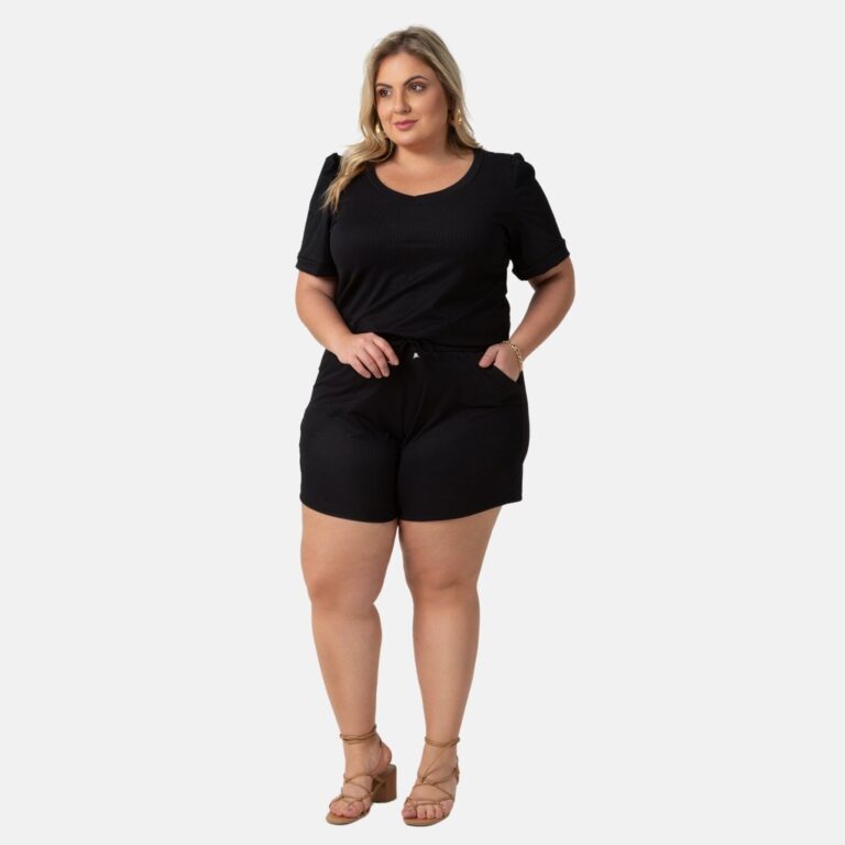 Conjunto Blusa Decote V E Shorts Canelado Verão 1
