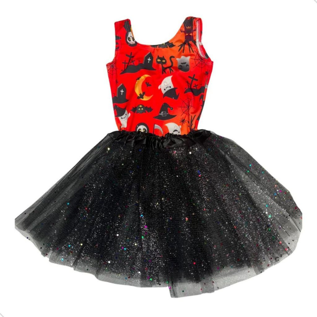 Kit Fantasia Infantil Carnaval Body Abóbora + Saia Tule Glitter 1 ao 10 Festas Temáticas Bruxinha