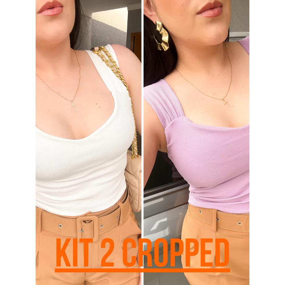 Kit Blusa Cropped Canelada Alca Gola V  Feminina Com Forro Sexy Elegante Casual Verao