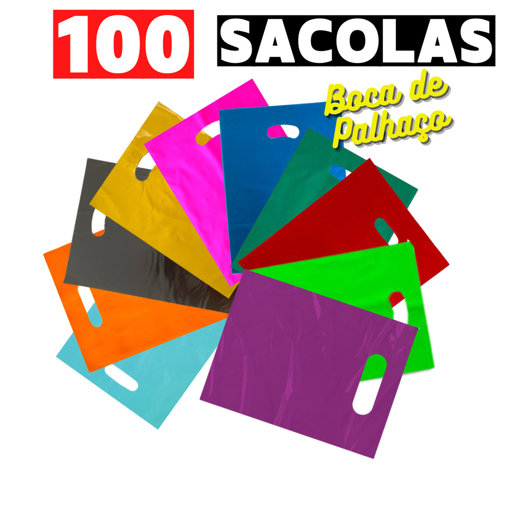 100 Sacolas Boca de Palhaço 15×20, 20×30, 25×35, 30×40 e 40×50 Sacolinhas Alça Vazada Várias Cores P