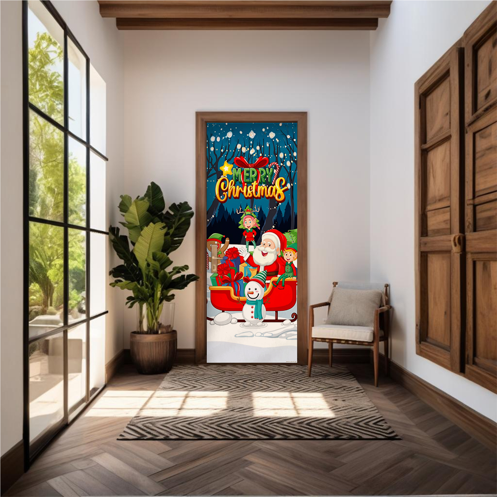 Capa De Porta Em Tecido Sublimado 2,0×0,8m C/ Elástico Decoração Tema Papai Noel Elfos Natal Veste F