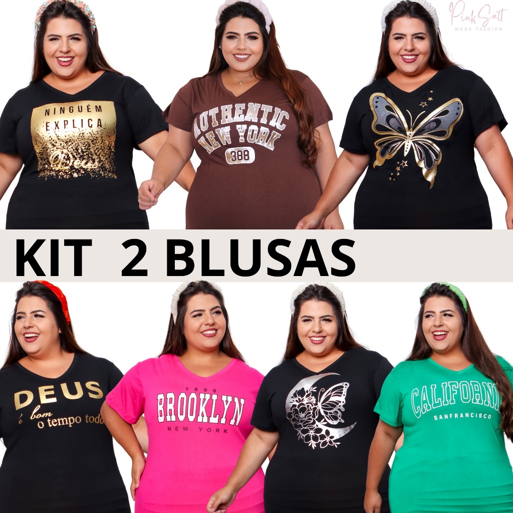 KIT 2 OU 1 UNIDADE Blusa Plus Size Feminina Decote V Tecido Viscolycra GG ao G2 Pluz Curve