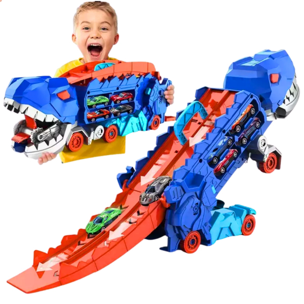 Caminhão Transporte Dinossauro T-Rex Triceratops Ultimate Cegonha Pista Carrinhos Maleta