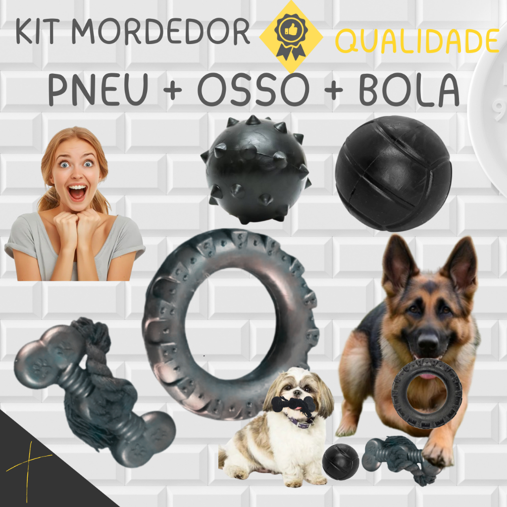 Kit Brinquedo Mordedor Black para Cachorro Pneu + Osso Chiclete com Corda + Bola Lisa ou Bola Cravo