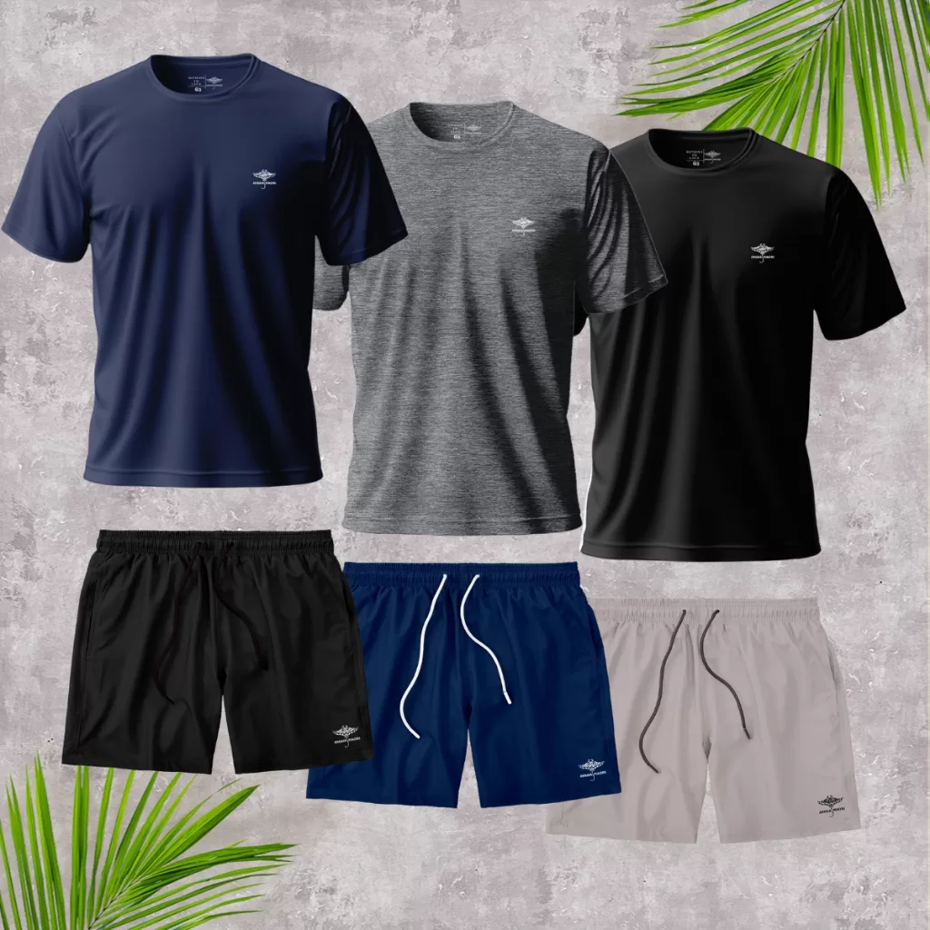 Kit 3 Camisetas Plus Size Masculinas Dry Fit e Kit 3 Short Masculinos Básico Passeio Academia