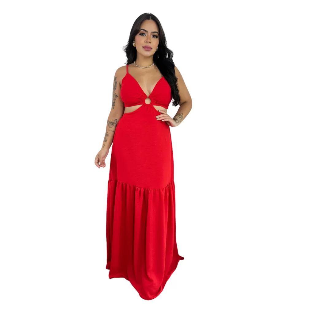 Vestido Longo Feminino Alcinha Regulável Com Bojo E Decote