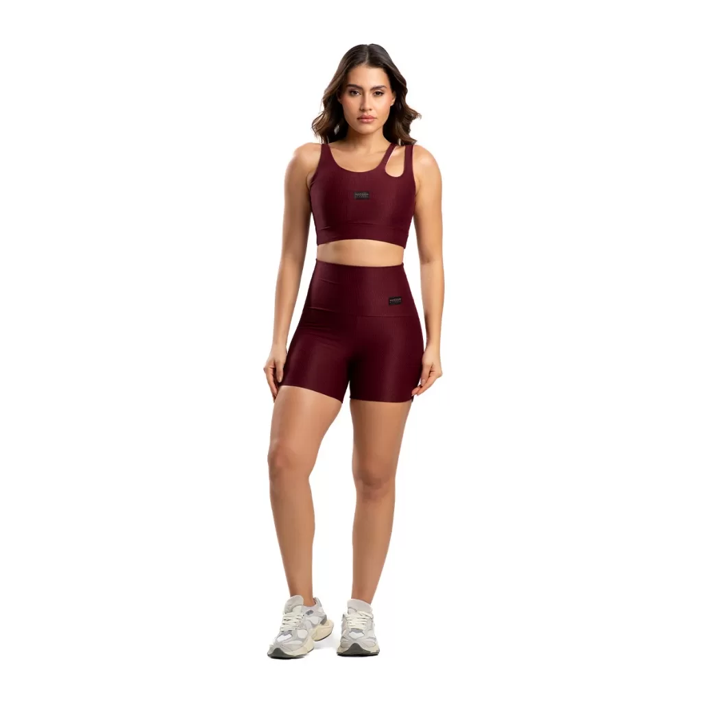 Conjunto Top e Short Poliamida Canelado Marrom Massam Fitnes