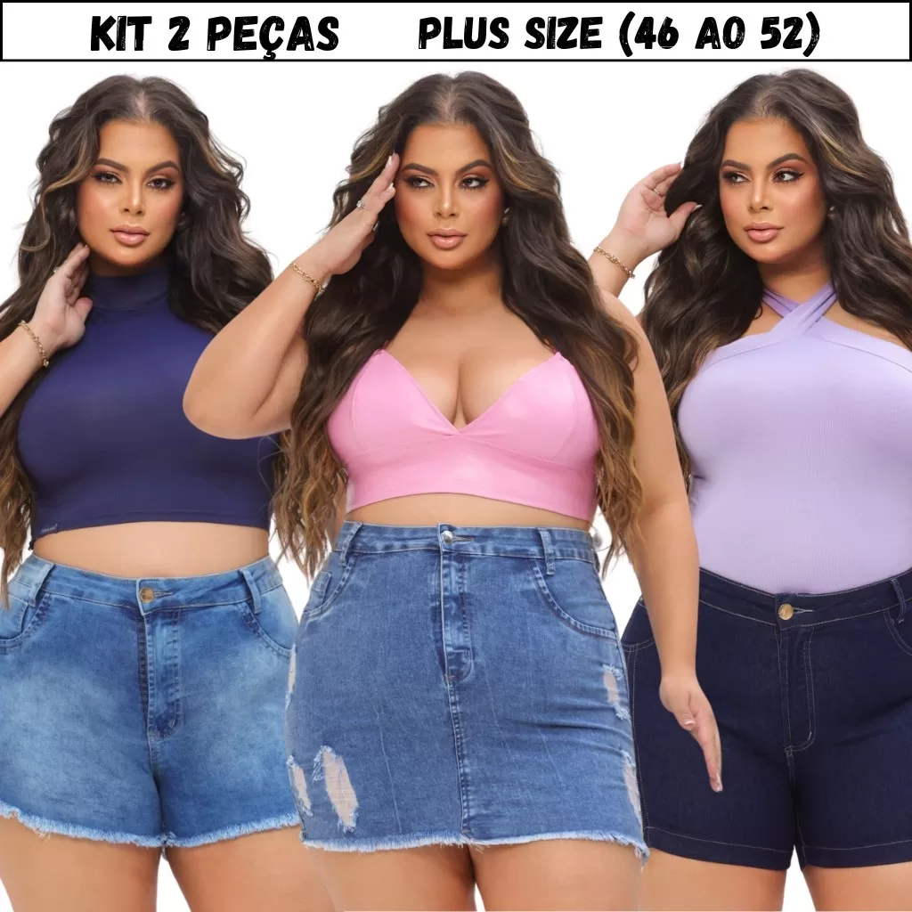 Kit 2 Shorts Plus Size Feminino Short E Saia Cintura Alta Jeans Com Lycra