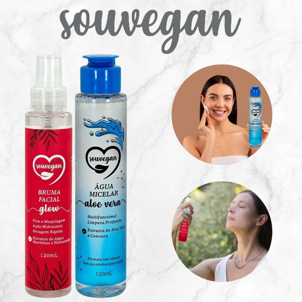 Kit 2 Souvegan Bruma Facial Glow e Água Micelar Aloe Vera Vegano Maquiagem Lançamento