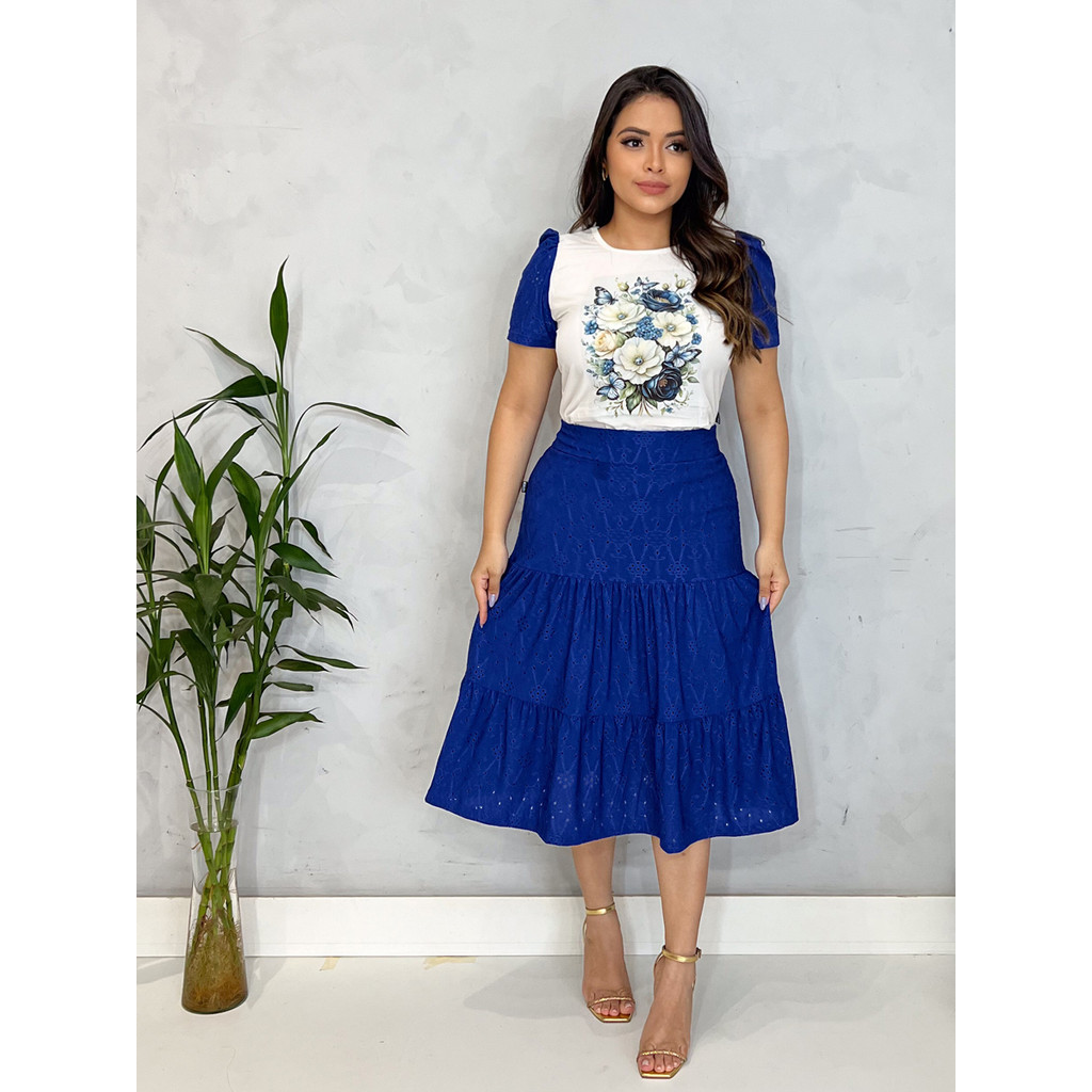 Conjunto Feminino Blusa Baby Look Com Manga + Saia Feminina Midi Três Marias Moda Evangélica
