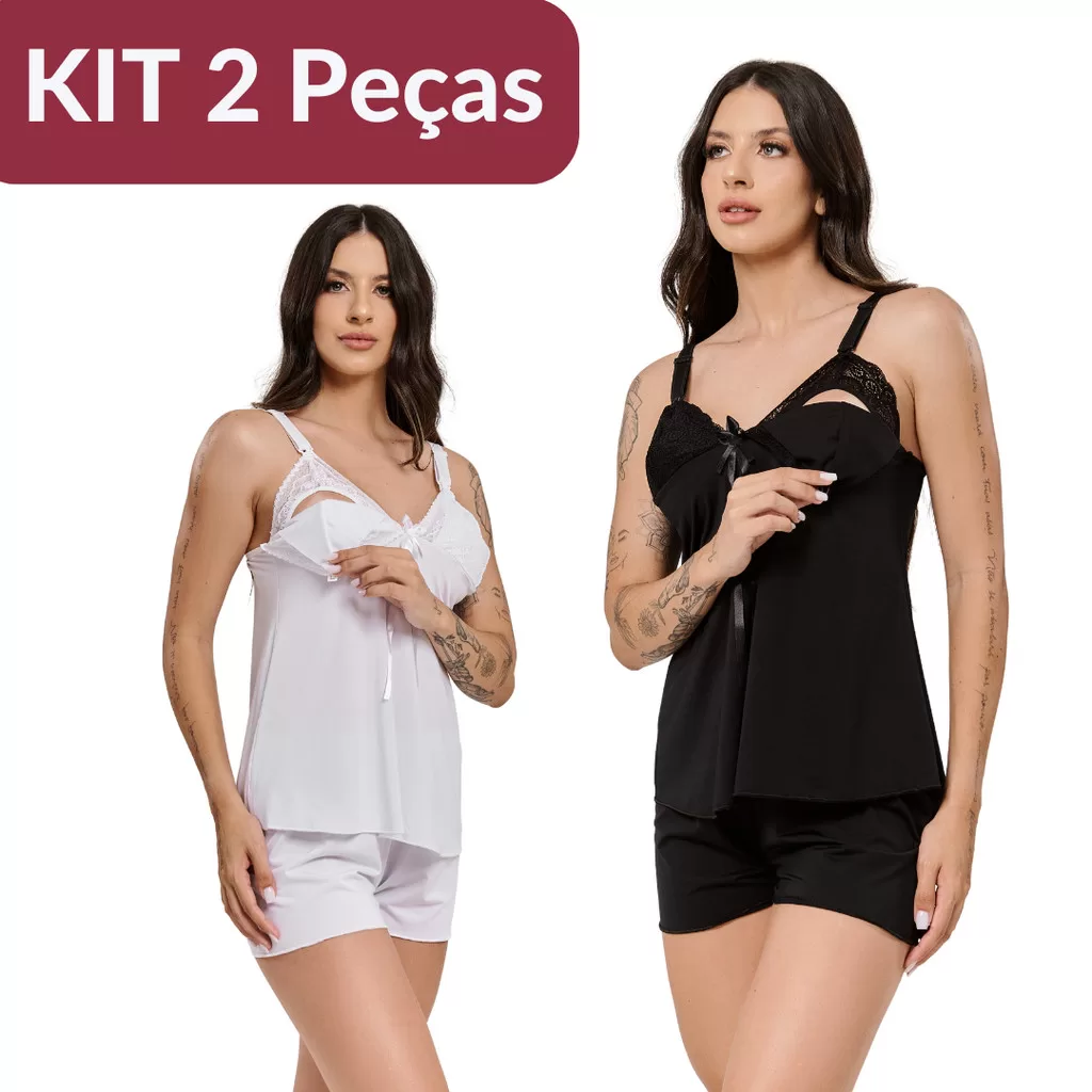 Kit 2 Pijamas Amamentação com Renda | Short Doll, Abertura Frontal e Tecido Leve