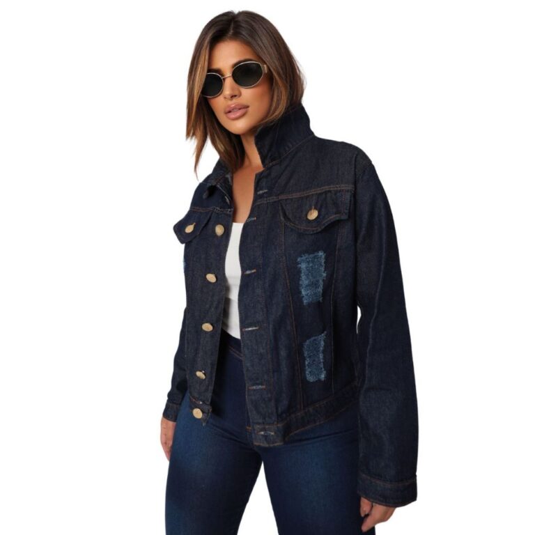 Jaqueta Jeans Feminina Escura 100% Algodão Tenden