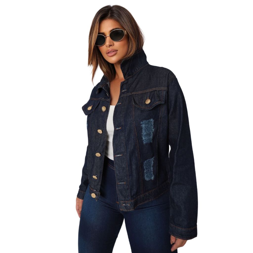 Jaqueta Jeans Feminina Escura 100% Algodão Tendencia Street