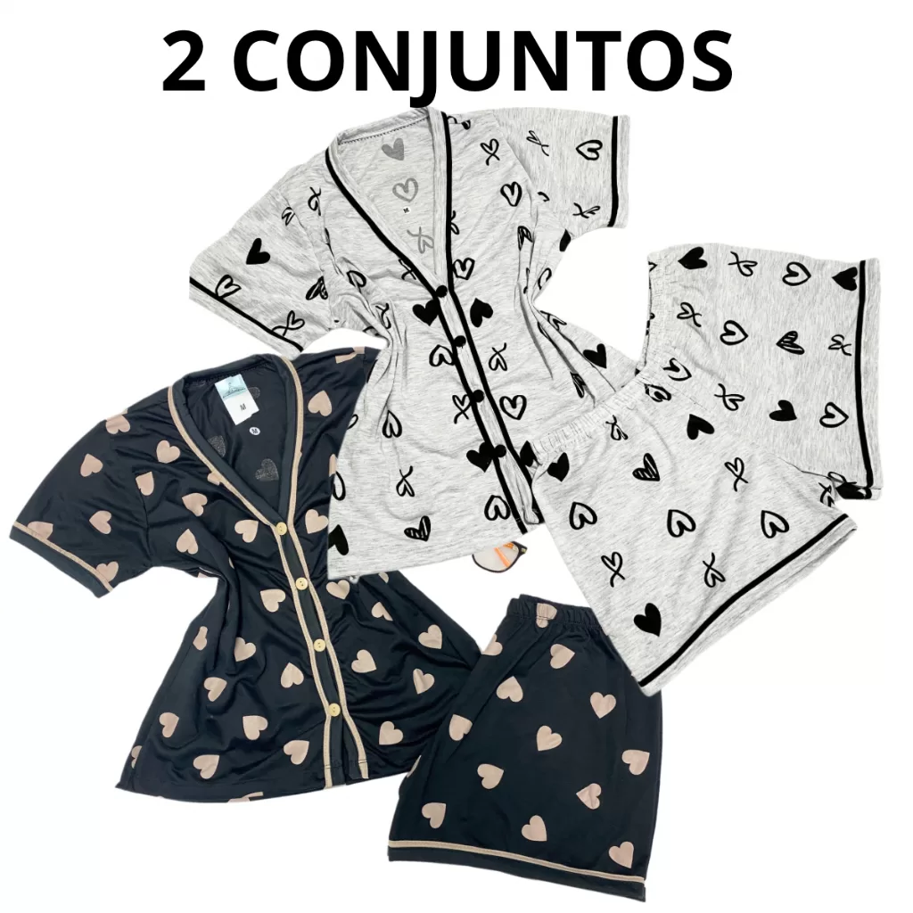 kit 2  Pijamas Feminino Amamentação Short Doll Americano Gola V Com Botões Pós Parto Gestante