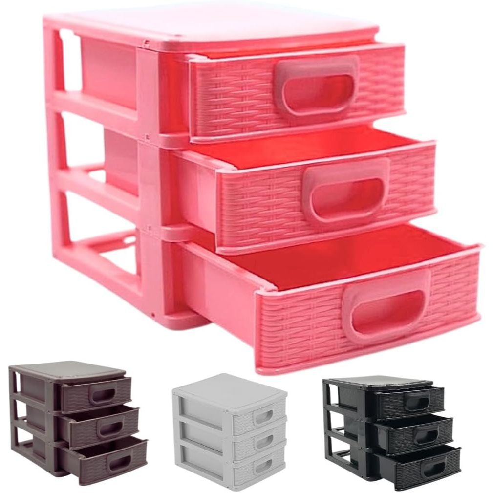 Gaveteiro Organizador De Mesa Micro Porta Tudo 3 Gavetas Cor Preto Branco Rosa e Cinza