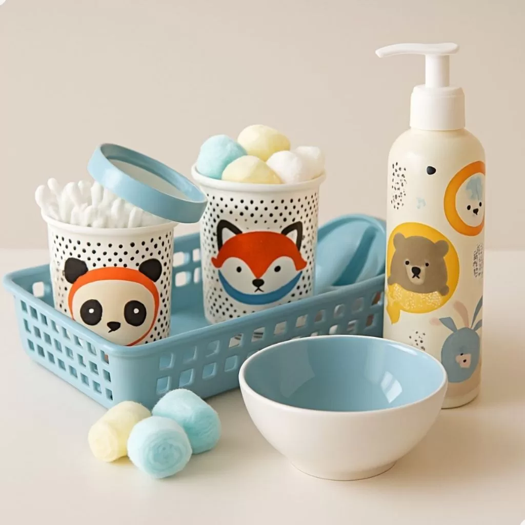 Kit Higiene Infantil Menino com 5 Peças Tema Bichinhos Ideal para Trocador e Cuidados Diários