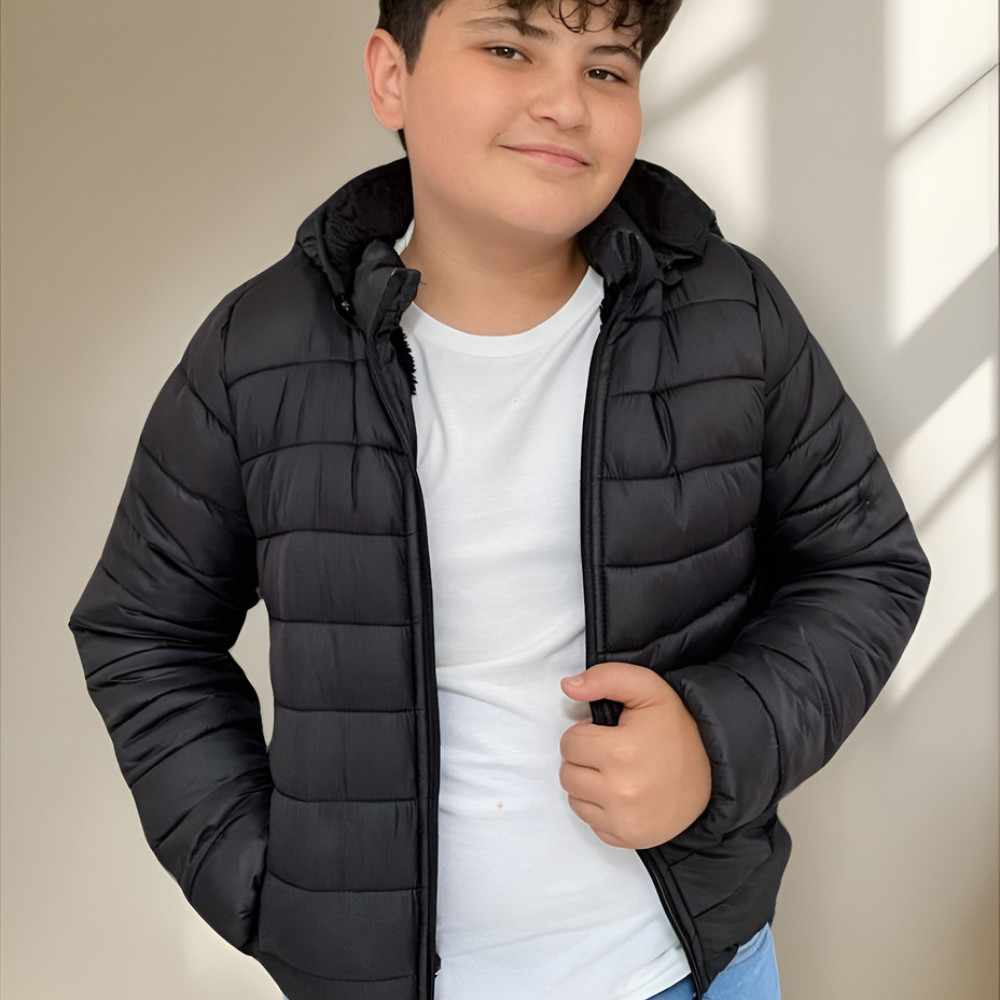 Jaqueta de frio peluciada infantil masculina feminina blusa casaco puffer corta vento – Primeira lin